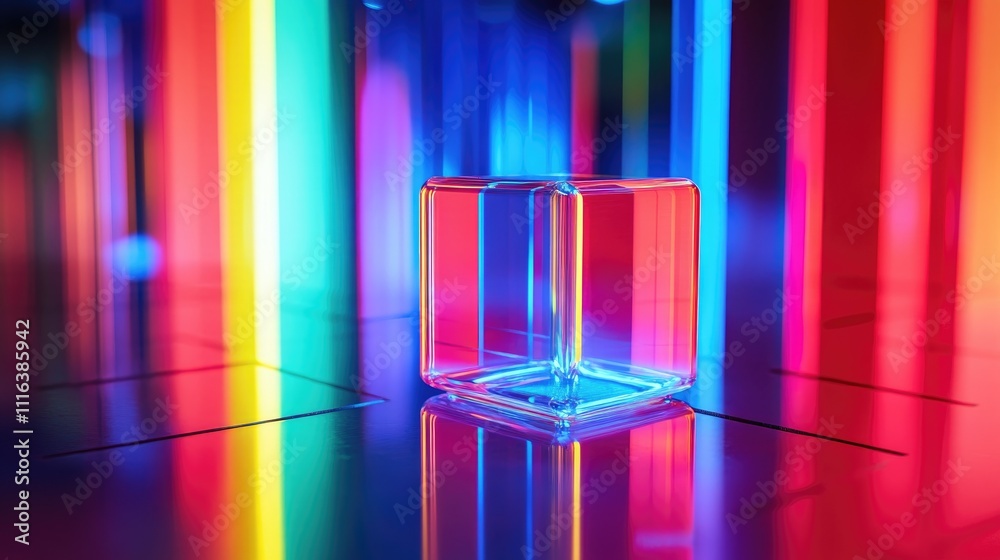 Poster colorful illuminated cube with reflections in a vibrant abstract setting showcasing light dynamics a