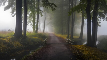Fototapeta premium Mystic Autumn Road Through Foggy Forest
