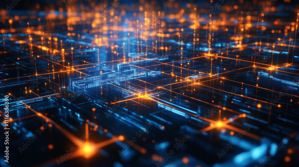Poster futuristic data network visualization with glowing nodes and lines