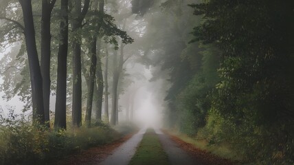 Mystic Autumn Road Through Foggy Forest