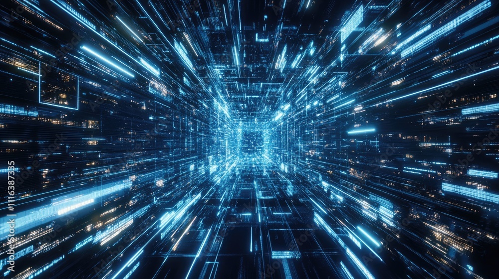 Wall mural futuristic blue abstract data tunnel representing high-speed internet connectivity and digital commu