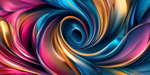 Obraz premium A mesmerizing abstract design showcasing a dynamic swirl of vivid colors, including gold, pink, and blue, with a glossy finish and metallic highlights.