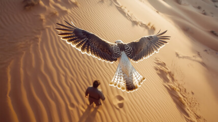 Naklejka premium Majestic hawk soaring over desert sands at sunset