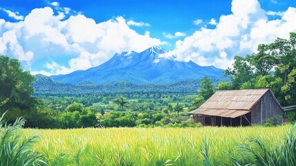 Obraz premium Lush Green Paddy Fields with Scenic Mountain Landscape and Clear Blue Sky Background