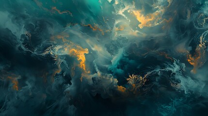 Obraz premium Abstract Swirling Artwork of Teal and Gold Hues