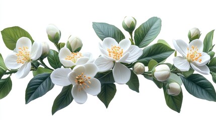 Obraz premium Neroli Blossom Citrus Flowers and Buds with Green Leaves Isolated on White Background for Botanical and Floral Design Usage
