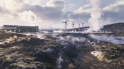 Fototapeta premium Geothermal power plant in a volcanic region surrounded by rocky terrain, hot springs, and misty steam rising from the ground, creating an atmospheric and futuristic energy production scene.