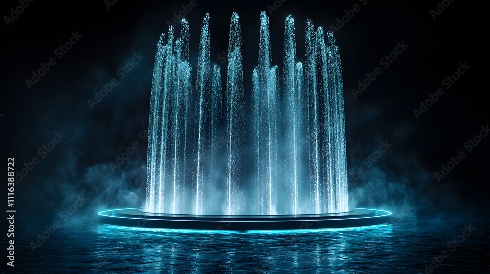 Aufkleber Stunning Water Fountain Display with Illuminated Jets in a Dark Setting Creating a Magical and Enchanting Atmosphere for Various Creative Projects