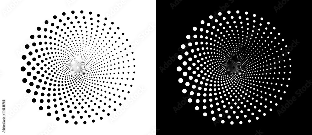 Poster Halftone circle as icon or background. Abstract vector circle frame with dots as logo or emblem. Black shape on a white background and the same white shape on the black side.