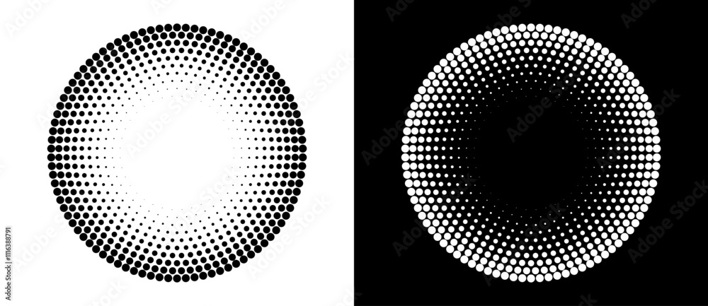 Aufkleber Halftone circle as icon or background. Abstract vector circle frame with dots as logo or emblem. Black shape on a white background and the same white shape on the black side.