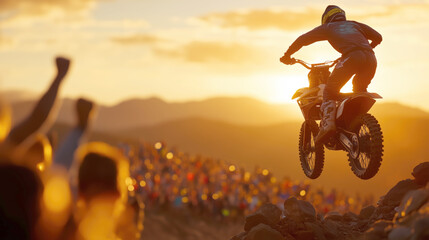Thrilling motocross jump at sunset with cheering crowd