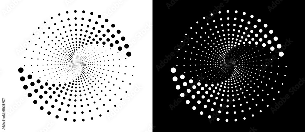 Poster Modern abstract background. Halftone dots in spiral. Round logo. Vector dotted frame. Design element or icon. Black shape on a white background and the same white shape on the black side.