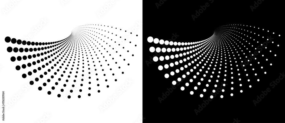 Leinwandbilder Modern abstract background. Halftone dots in spiral. Round logo. Vector dotted frame. Design element or icon. Black shape on a white background and the same white shape on the black side.