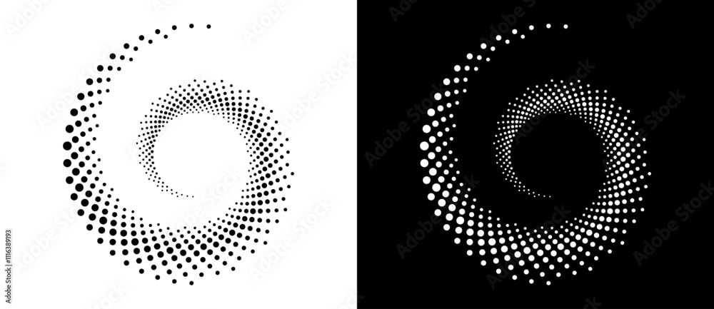Aufkleber Modern abstract background. Halftone dots in spiral. Round logo. Vector dotted frame. Design element or icon. Black shape on a white background and the same white shape on the black side.