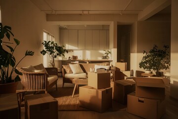Empty Room with Cardboard Boxes and Sunlight