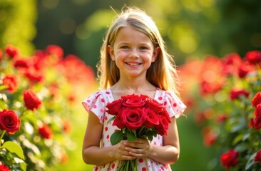 Naklejka premium Girl with a bouquet of red roses on a blurred background of a flower field on a sunny day. Children's concept.