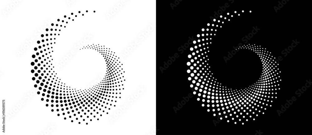 Aufkleber Modern abstract background. Halftone dots in spiral. Round logo. Vector dotted frame. Design element or icon. Black shape on a white background and the same white shape on the black side.