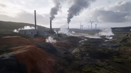Fototapeta premium Geothermal power plant in a volcanic region surrounded by rocky terrain, hot springs, and misty steam rising from the ground, creating an atmospheric and futuristic energy production scene.