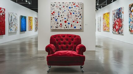 A single red velvet chair in a gallery space, surrounded by abstract art on the walls