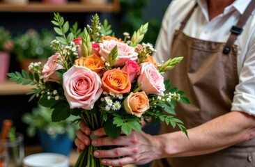 Close-up of a bouquet of flowers in the hands of a florist in a store. Concept for Valentine's Day and International Women's Day.