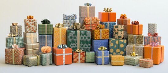 Colorful gift boxes arranged artistically on a white background perfect for festive occasions celebrations and marketing campaigns