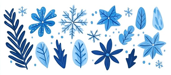 Blue floral elements and snowflakes in a winter theme with chill tones and a festive touch for seasonal design backgrounds