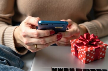 Fototapeta premium Banner. Close-up of woman's hands holding a phone near a laptop with a gift in a cafe. Business concept.