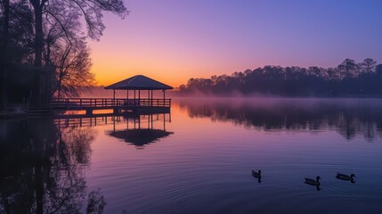 Fototapeta premium A serene lakeside view at sunrise with colorful reflections on the water and a few ducks swimming peacefully
