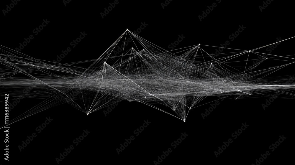 Fototapete Abstract digital network connection background with dynamic lines and nodes on black for technology and data visualization concepts.