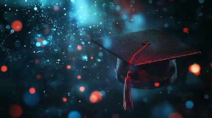 Naklejka premium An illustration with digital technologies and a graduation cap, luminous particles and dots, the concept of online education