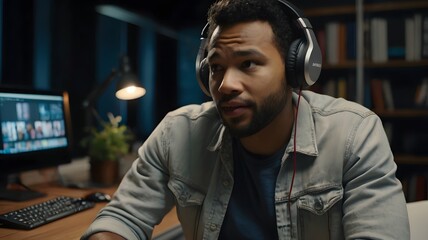 Fototapeta premium Multiracial male coworkers wearing headphones and discussing while recording podcast in office. Unaltered, interview, broadcasting, communication, media, teamwork and technology concept.