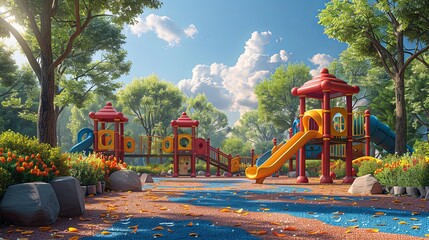 A colorful illustration of children enjoying a playground surrounded by lush greenery, flowers, and trees in a lively forest setting.
