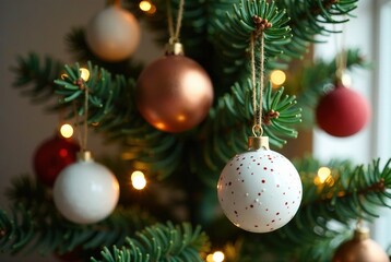 Fototapeta premium Minimalist Christmas Tree, Handcrafted Ornaments, Rustic Decor, AI Photo