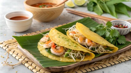 Vietnamese pancakes with shrimp, fresh greens, and dipping sauces