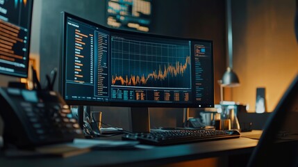 Modern Workspace with Financial Data Analysis on Computer Screen