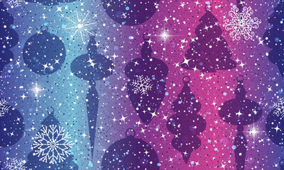 Vector hand drawn seamless winter pattern with snowflakes and stars and toys on a violet gradient background
