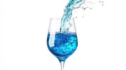 Blue beverage being poured into a glass with splashes against a clean white background showcasing liquid movement and vibrant color.
