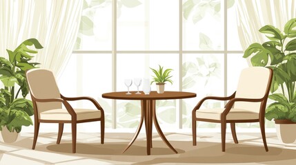 Fototapeta premium Modern studio flat living room design featuring two chairs and a round table surrounded by plants and natural light from large windows.