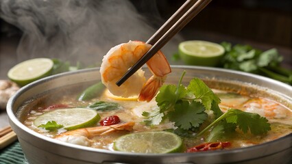 Vietnamese hot pot with seafood and chopsticks holding shrimp