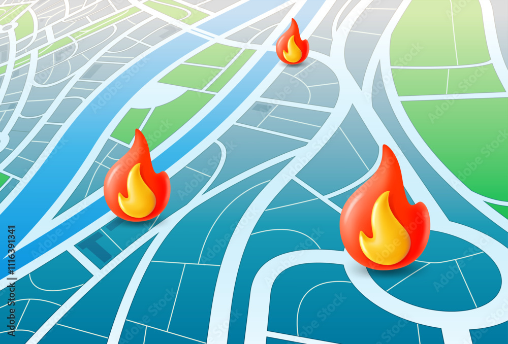 Poster abstract city map with red flames. 3d vector illustration