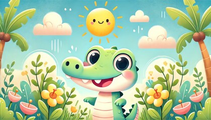 Obraz premium An illustration featuring one cute crocodile peeking into the frame with a playful and expressive look