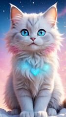 Fototapeta premium A small, adorable cat with vibrant gradient fur shifting between soft pastel pink and icy blue, accented by sparkling golden speckles on its back. Mobile phone wallpaper