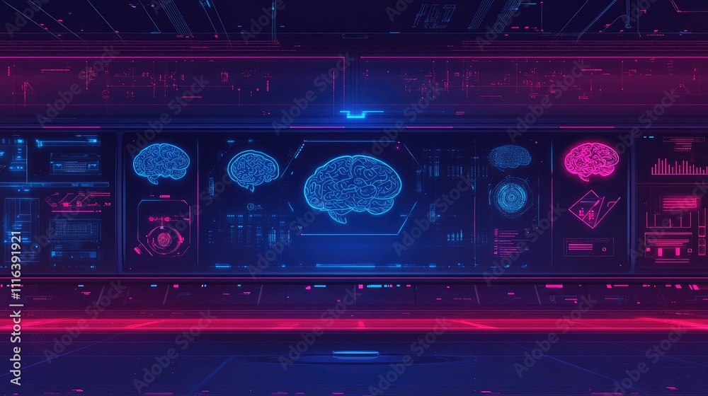 Poster rotating ai brain icons on a digital interface in a futuristic server room depicting advanced data c