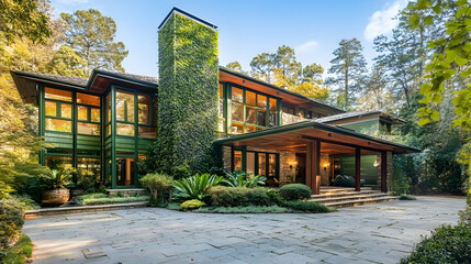 Fototapeta premium Modern Forest Home with Living Walls and Tree Canopy, Mill Valley Estate