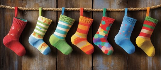 Colorful handmade Christmas greeting card with decorative socks hanging on a rustic rope against a wooden background.