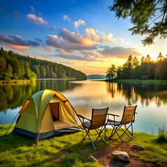 tent and chairs by the lake