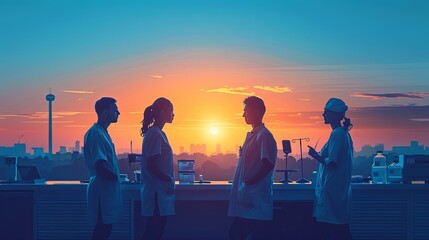 Obraz premium A team of smiling medical professionals in lab coats and scrubs, standing confidently in a bright and organized hospital environment. 