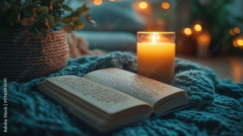 Poster a warm atmosphere is created by a lit candle next to an open book resting on a soft knit blanket, su