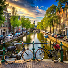 traditional view of amsterdam with bicycles and ca