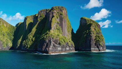 Fototapeta premium Lush Coastal Cliffs Against Vibrant Cyan Sky and Turquoise Waters